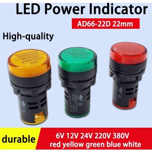 1pcs Panel Mount LED Power Indicator DC6V 12V 24V AC220V 22mm Pilot Signal Light Lamp AD66 AD16-22 Red Blue White Green Yellow
