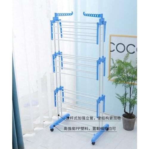 165x78x62cm Folding Clothes Dryer Hanger Three-layer Floor Standing Coat Rack with Wheels Clothes Hanging Drying Hanger
