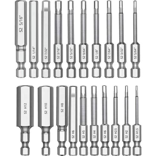 20pcs Hex Head Allen Wrench Drill Bit Set Metric SAE S2 Steel Hex Bits Set 65mm Long Magnetic Screwdriver Bits