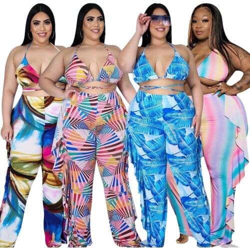 2021 Summer Women Color Striped Print Sexy Two Pierces Holiday Beach Plus Size Halter Lace-up Bra + Ruffles Loose Pants Outfits