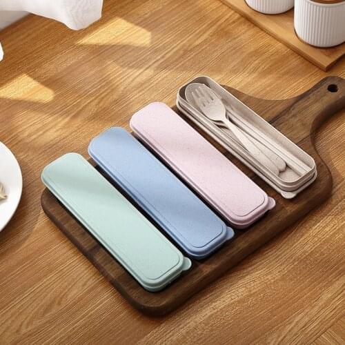 3pcs/set Portable Travel Tableware Set Wheat Straw Knife Fork Spoon Student Dinnerware Sets With Box For Kid School Cutlery