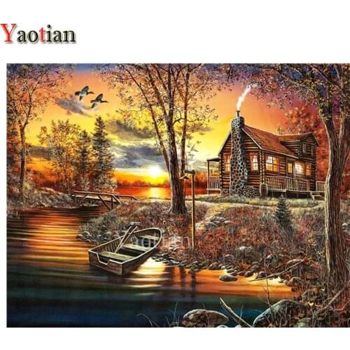 5D diamond embroidery Autumn house landscape lake boat mosaic diamond painting full square round drill cross stitch needlework