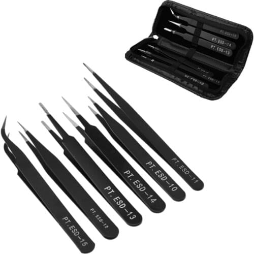 6pcs ESD Professional Coated Precision Tweezers Anti-static Anti-magnetic for Jewellery Electronic Component Soldering Repair