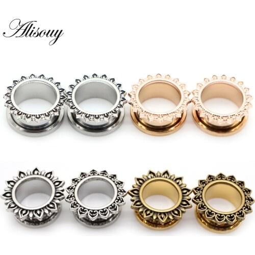 Alisouy 2pc Popular Stainless Steel Ear Piercing Tunnels Ring Plugs Gauges Screw Expanders Fashion Body Jewelry Unisex Earrings