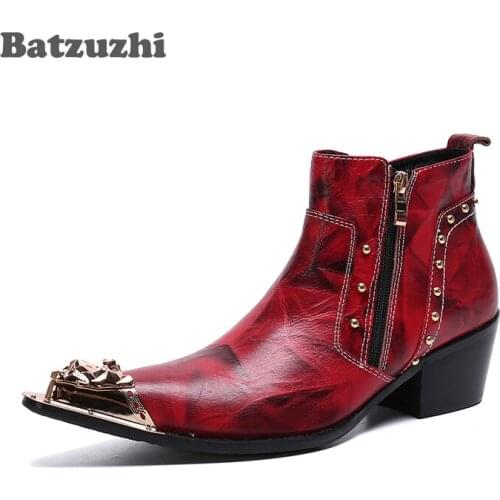 Batzuzhi Pointed Metal Toe Red Party and Wedding Boot Men Retro British Style Men Shoes Genuine Leather Ankle Boots Men, US6-12