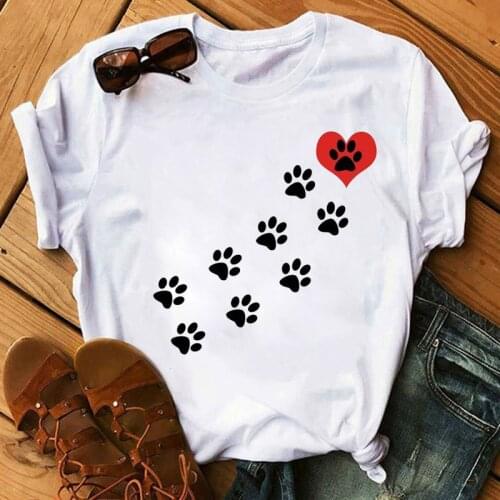 Red Heart Dog Paw Print T Shirt Fashion Women T Shirt Summer Casual Tops Female Short Sleeve Tee Shirts Ladies Cute T-shirt Tops