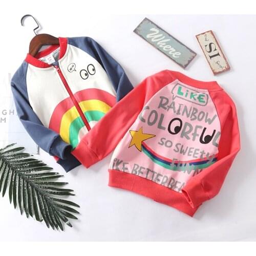 Manufacturer spring 2019 new middle children stand collar zipper loop loop coat for children boys and girls printed rainbow top