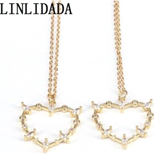 10Pcs Golden Color Copper Cubic Zirconia Hollow Heart Pendant Necklaces Womens Fashion Jewelry CZ Jewelry