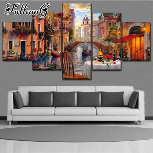 FULLCANG Water city scenery 5 piece diy diamond painting full square round drill mosaic embroidery sale home decoration FC2846