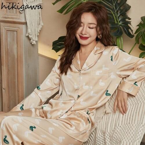 Hikigawa Pajama Set for Women Summer Thin Ice Silk Sleepwear Long Sleeve Trousers Suit Femme Pijamas De Mujer Home Clothing