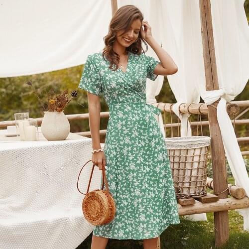 Summer Dress 2021 Short Sleeve V-Neck Floral Print Wrap Midi Robe Women Flower Long Dresses Sexy Beach Holiday Green Vestidos