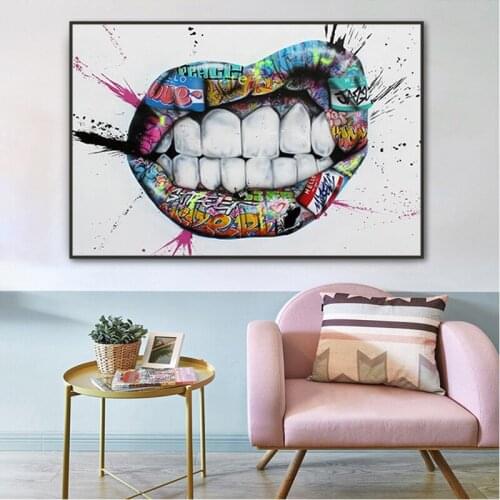 Show Teeth Lips Graffiti Posters and Prints Kiss Wall Art Canvas Painting Street Art Wall Painting for Living Room Decor Picture