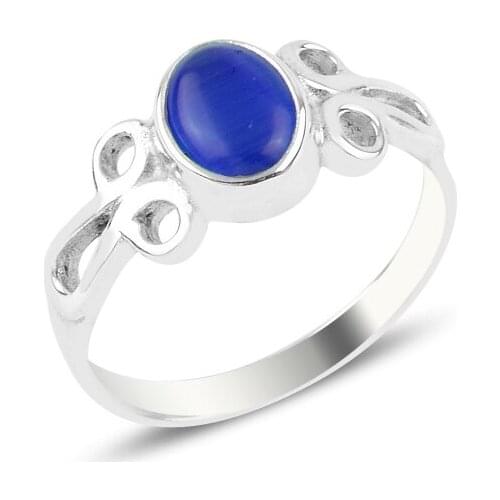 Silver 925 Set Navy Blue Cat 'S Eye Engagement Ring
