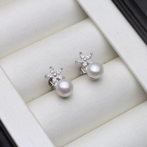 Real 925 Sterling Silver Earring With Pearls,White Natural Freshwater Pearl Earrings For Women Anniversary Christmas Gift