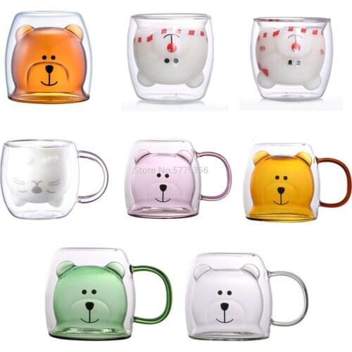 250ml Glass Mugs Cute Bear Cat Animal Double Wall Glass Mug Double-layer Glass Milk Mug Coffee Cup Christmas Gift