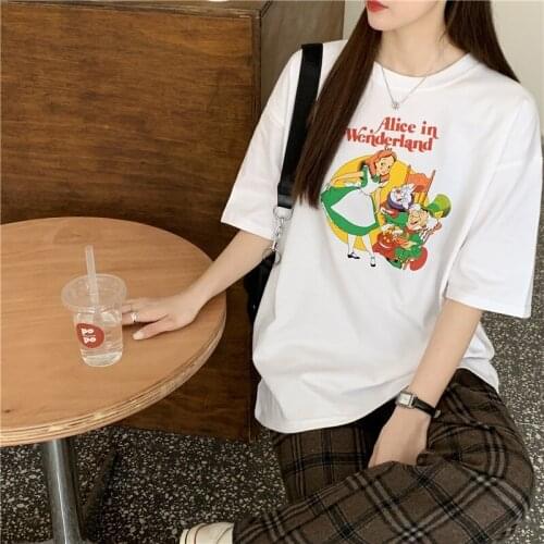 Cartoon Print Loose Tshirt Female Korean Harajuku Womens T-shirts Tops Japanese Kawaii Ladies Ulzzang Clothes For Women