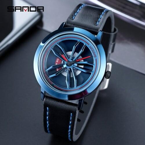 SANDA 2020 Fashion Trend Waterproof Men Watch Creative Rotating Dial Quartz Wheel Watches Leather Strap Relogio Masculino 1009