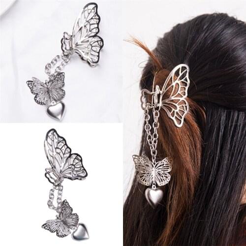 Korean Butterfly Heart Pendant Hair Claw Women Girls Metal Chain Hollow Out Fashion Sweet Tassel Barrettes Party Accessories