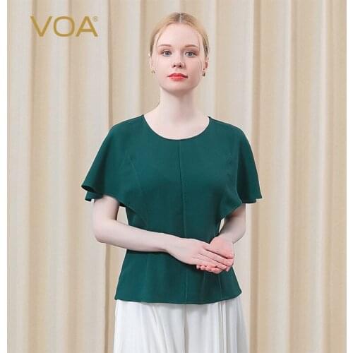 VOA 60m/m Heavy Silk Dark Green O-Neck Lotus Leaf Sleeve Solid Simple and Generous Fashion Temperament T-shirt Female BE599