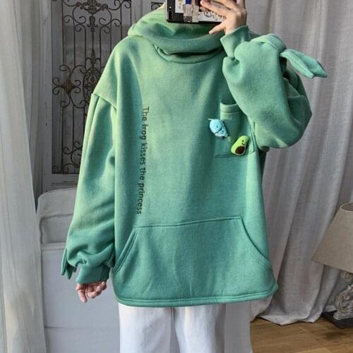 Harajuku Women Hoodie Frog Pullover Winter Sense Hooded Casual Sweatshirts Autumn Embroidery Loose Top Doll Decoration Hoodies
