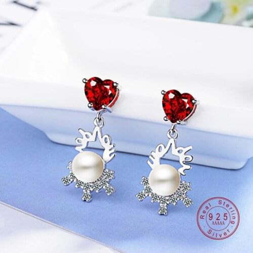 Women Fashion Creative Silver Color Red Crystal Heart CZ Flower Pearl Stud Earrings For Female Sweet Party Earrings Jewelry