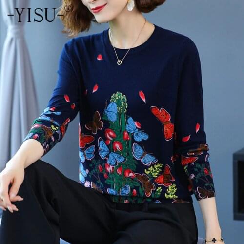 YISU 2021 Womens sweater O-Neck Butterflies Printing Spring tops Long sleeves Jumper Female Casual Loose Wool Knitted pullove