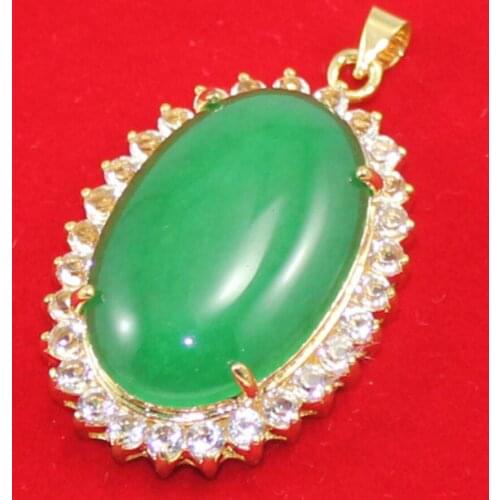 Womens fashion gold plated micro inlaid white diamond + egg shaped green Malay Jade Pendant Necklace