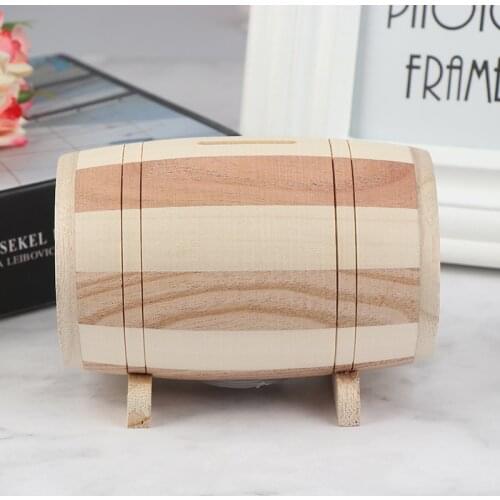1pc Wooden Piggy Bank Safe Money Box Savings Wine Barrel Wood Carving Handmade Money Box