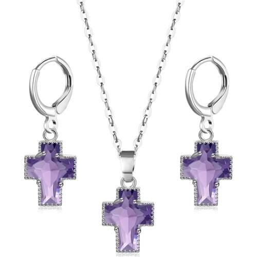 Austria Crystal Cross Necklace Drop Earring Sets For Women Vintage Jewelry Set Stainless Steel Chain Necklace Bijoux 8 Colors