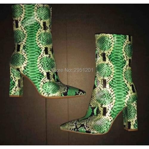 Brand Botas Mujer Riding Boots Green Snake Pattern Motocycle Boot 10CM High Heel Women Ankle Booties