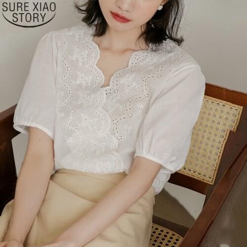 Fashion Short Sleeve Shirt Hollow Tops 2021 New White Shirts Women Korean Chic Button Up Shirt Blusas Mujer Dropshipping 14275