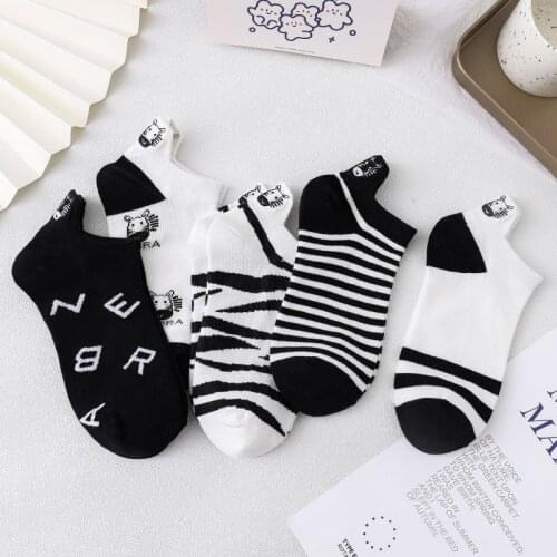Women Socks Black and White Embroidery Shallow Mouth Summer Thin INS Tide Zebra Cartoon Cow Lovely Boat Socks