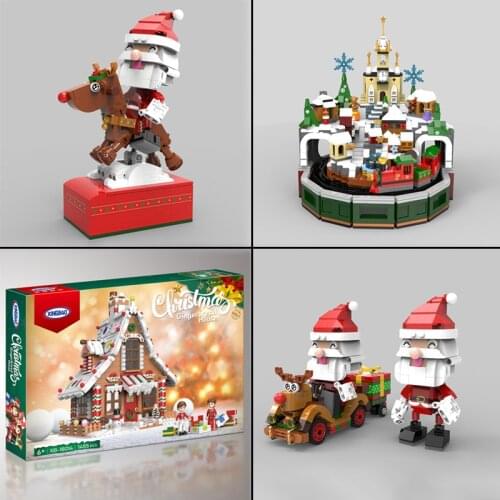 New Christmas Series Bricks Toys Assemble Clockwork Christmas Castle Music Box Tree Reindeer Santa Gingerbread House Model Kit