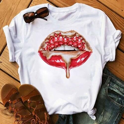 FIXSYS New Women T Shirt Fashion Makeup Red Lips In Diamonds Drip Graphic Tee Shirt Women Clothes Aesthetic White Female T-shirt