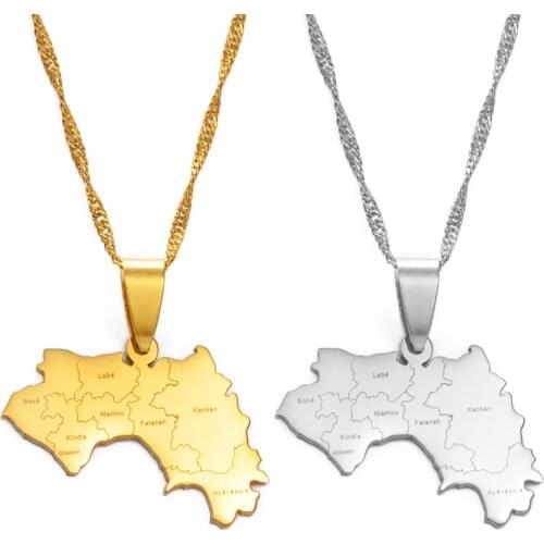Anniyo The Republic of Guinea Map & Cities Name Pendant Necklace Women Gold Color Jewelry Map Of Guinea Necklaces Guinea #176621