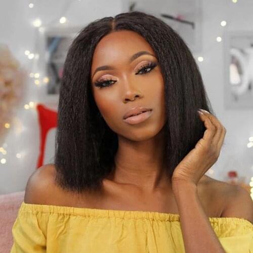 Afro Kinky Straight Bob Wigs Synthetic High Temperature Fiber Hair Yaki Straight Bob Medium Length Wigs For Black Women