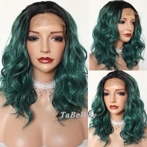TaBeWay Short Bob Wavy Lace Front Wigs Ombre Green Wig Heat Resistant Natural Bob Wave Synthetic Lace Front Wigs for Black Women