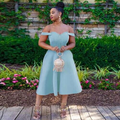 Off The Shoulder Chic Fit and Flare Dresses Women Slash Neck Zipper Front Big Swing Dress Office Lady Backless Party Vestidos