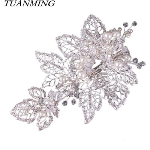 Rhinestones Pearl Leaf Wedding Hair Clip Barrettes Bridal Headpiece Hair accessories Women Hair Clip Head Jewelry