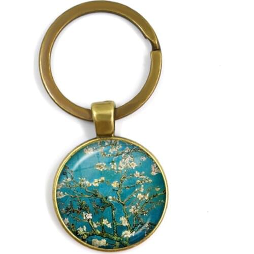 Van Gogh Almond Branch Flowering Art Keychian Sunflowers Art Vintage Bronze Glass Cabochon Key Rings Holder For Women Men Gift