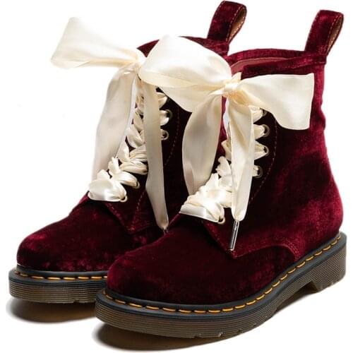 OLOMLB Womens Round Toe Velvet Leather Ankle Boots Ribbon Lace Up Christmas Gift Oxfords Shoes Bowtie Wine Red Colors Luxury