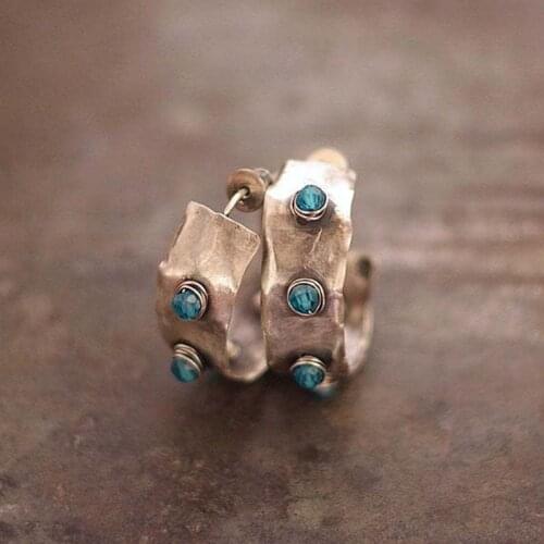 Bohemian Geometric Circle Round Hoop Earrings for Women Antique Bronze Color Blue Zirconia Stud Earring Party Jewelry Gift