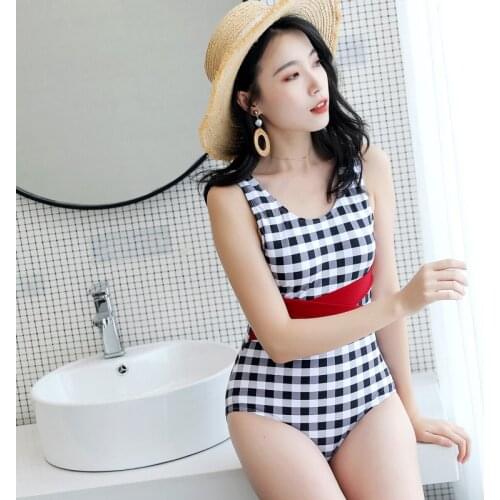 Korean Style Women Swimwear sexy Plaid one Piece High Back Swimsuit Padding Bra Bathing suit Slimming Cute Shoulder Swimwear