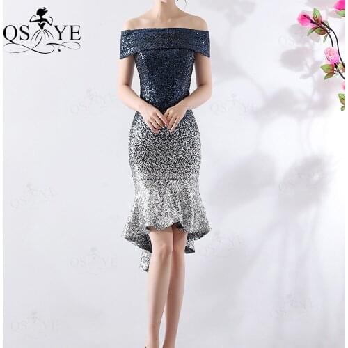 Off Shoulder Short Sequin Blue Prom Dress Navy Mermaid Evening Gown Strapless Neck Party Formal Gown Fit Stretch Women New Dress