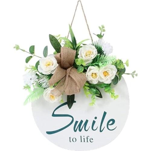 Welcome Sign for Front Porch Round Wood Welcome Sign with "Smile" Sign and Flowers Wreaths Hanging Sign for Front Porch