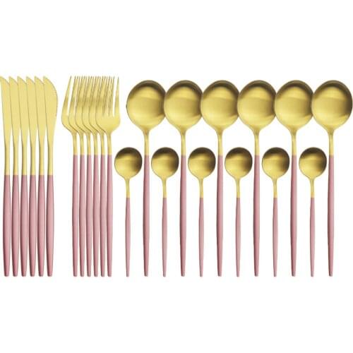 24Pcs/Set Pink Gold Dinnerware Cutlery Set Stainless Steel Flatware Knives Fork Tea Spoons Tableware Home Kitchen Silverware Set