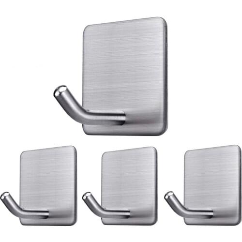 4pcs Adhesive Hooks Stainless Steel Hook Heavy Duty Wall Sticker Coat Hangers Bathroom Kitchen Organizer Hanging Keys