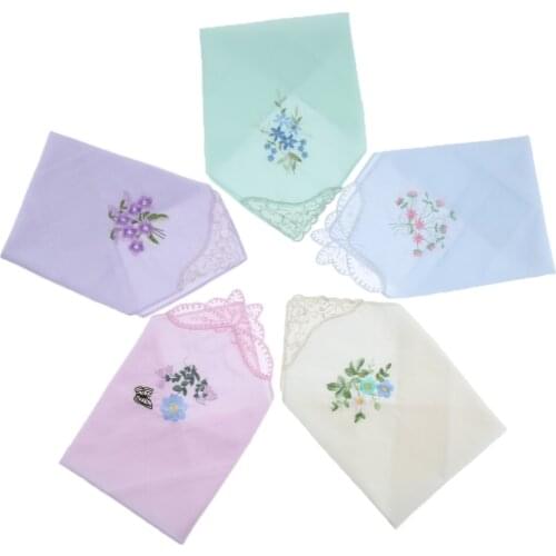 5pcs Womens Embroidered Floral Cotton Handkerchiefs Exquisite Lace Hankies Gift for Wedding Part Mothers Day bridal shower
