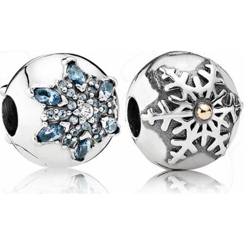 Baofu 925 Sterling Silver Fixed Clip Round Shiny Sea Blue Crystal Snowflake Beaded Suitable For Original Ladies Bracelet