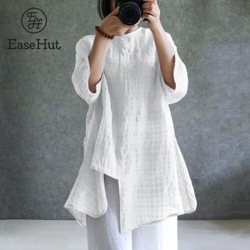 EaseHut Plus Size Vintage Women Casual Loose Plaid Long Blouse Irregular Hem 3/4 Sleeves Round Neck Fashion Blouse blusas mujer